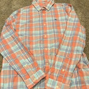 Vineyard Vines Coral and Blue Plaid Button-Down Shirt
